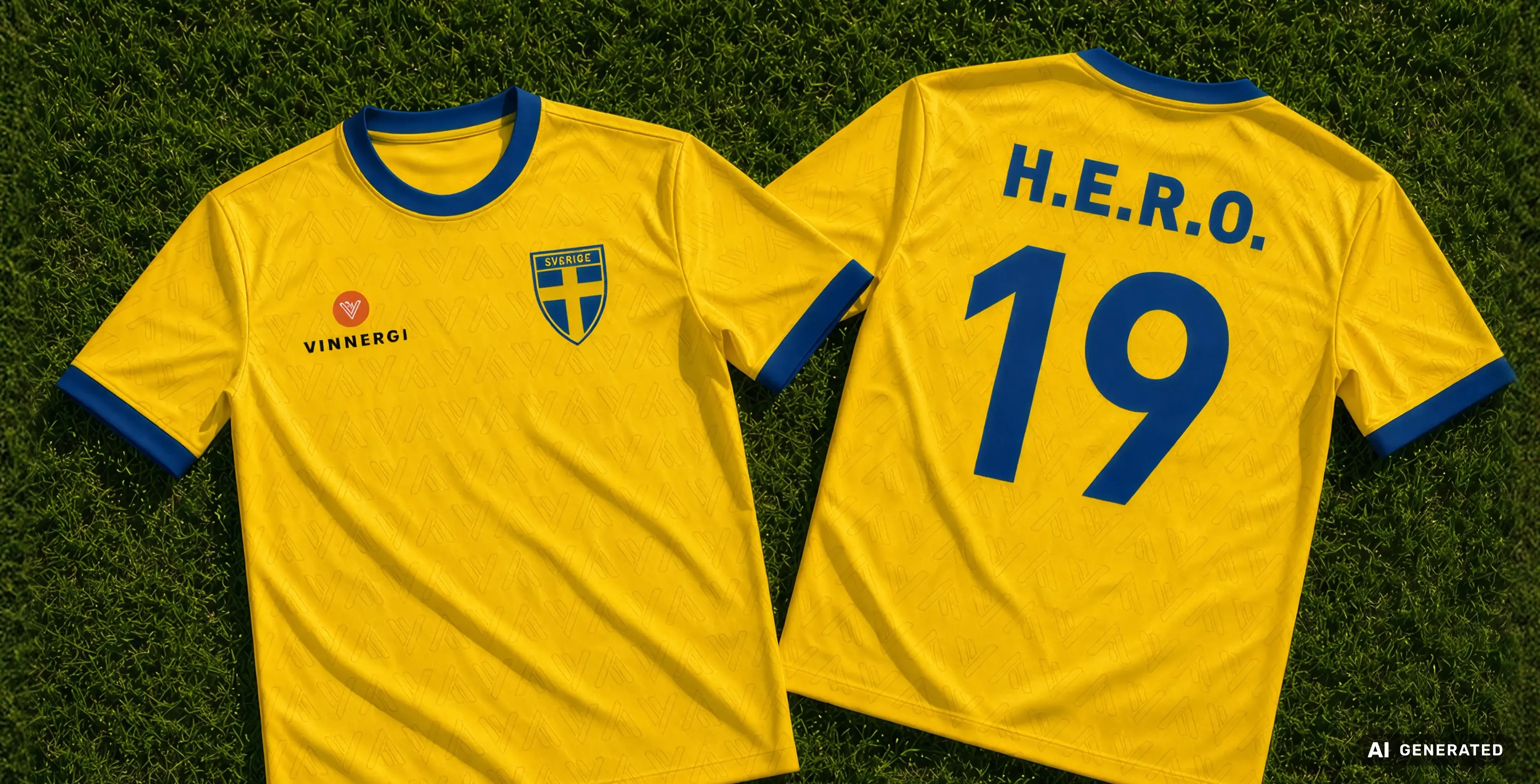 Gul och bl&aring; Vinnergi Sverige-fotbollstr&ouml;ja med "H.E.R.O. 19" p&aring; ryggen.