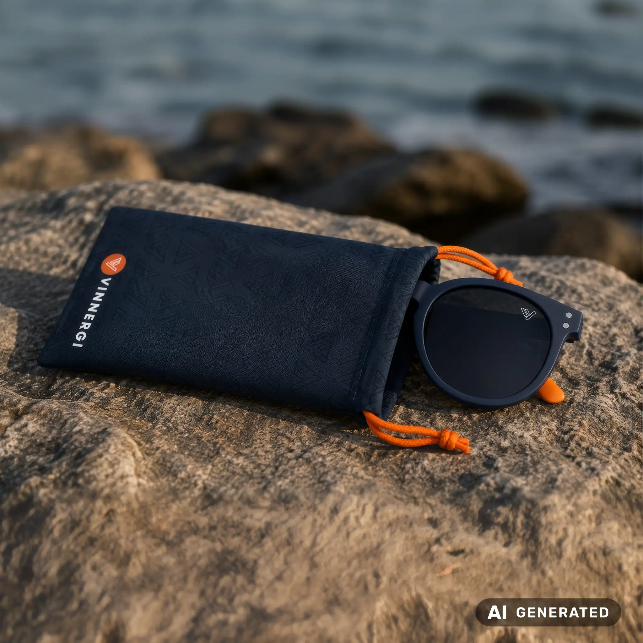 Vinnergi-solglas&ouml;gon och bl&aring; tygp&aring;se med orange dragsko p&aring; klippa vid vatten.