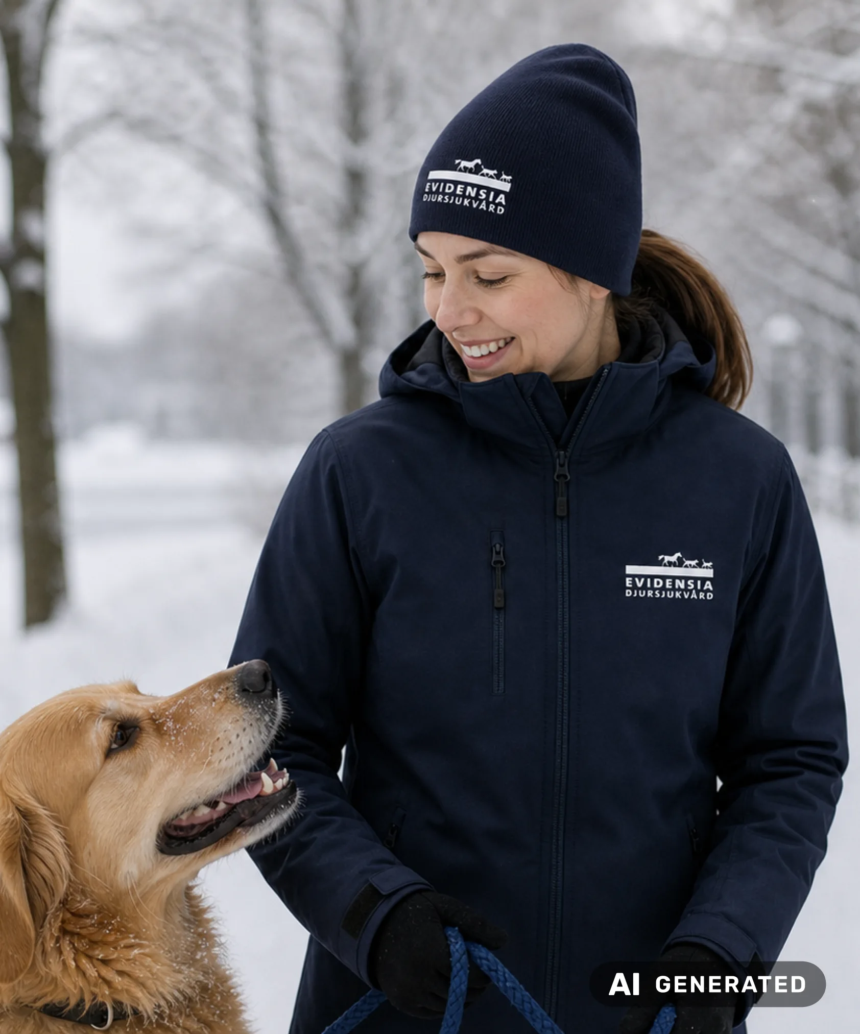 Leende kvinna med Evidensia Djursjukv&aring;rd-jacka och m&ouml;ssa bredvid golden retriever i sn&ouml;landskap.