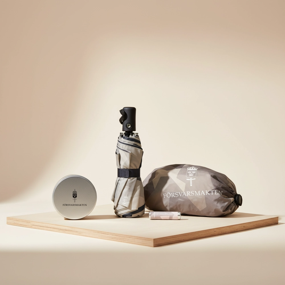 F&ouml;rsvarsmaktens f&ouml;rem&aring;l: ett hopf&auml;llt kamouflageparaply och en v&auml;ska, en rund metallburk och ett litet l&auml;ppbalsam.