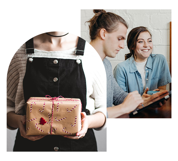 Två bilder: den första visar en person som håller i en present; den andra visar en leende kvinna bredvid en man som tittar ner på sin mobil.